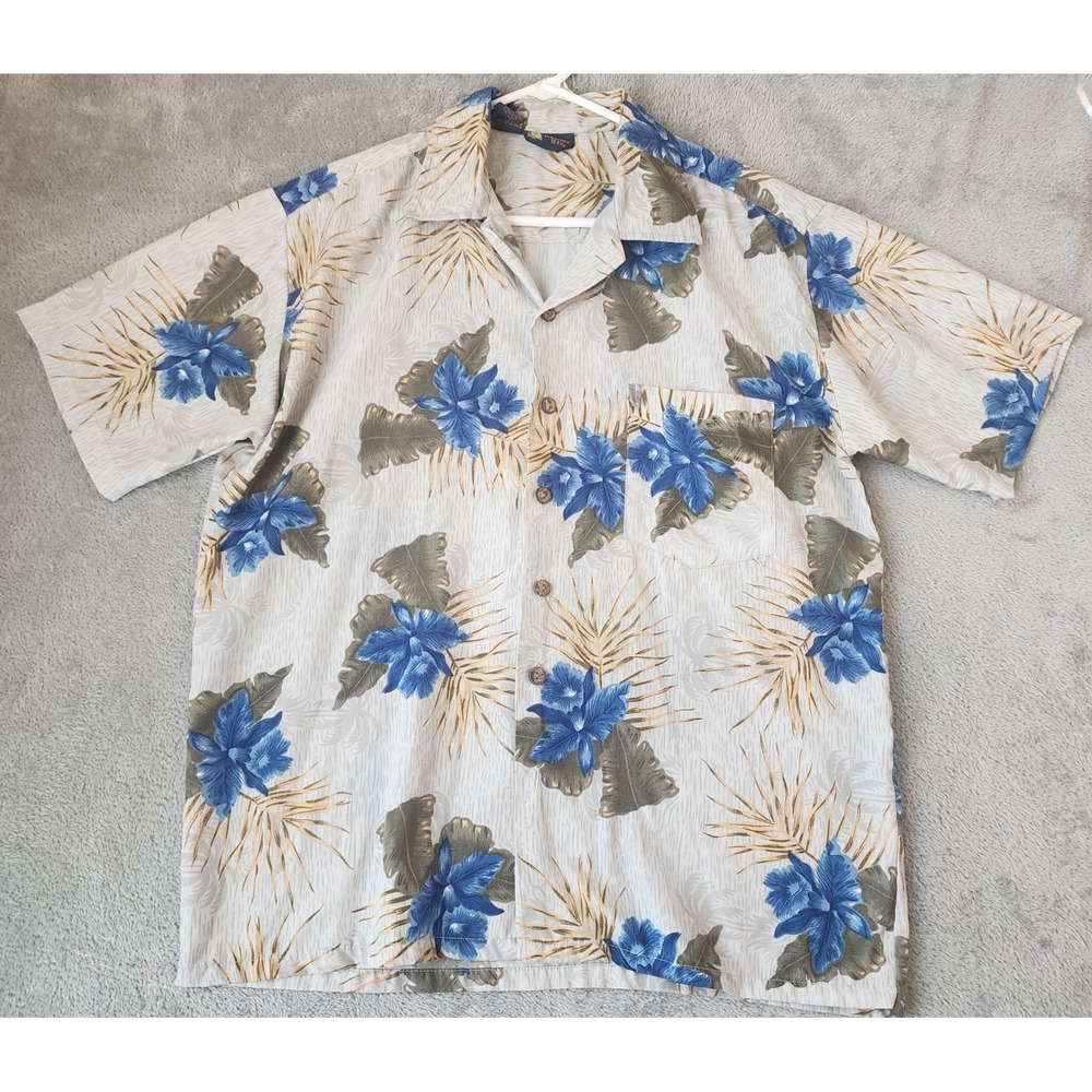 Roundy Bay Shirt  Mens Large Gray Blue Floral Tropical Hawaiian Short Sleeve